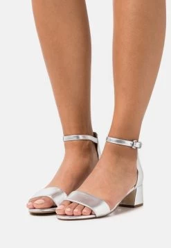 Women's Anna Field LEATHER Block Heel Buckle Sandals Silver | AJZEVHC-85