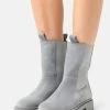 Women's Anna Field LEATHER Block Heel Platform Slip On Ankle Boots Grey | QGXWPUS-43