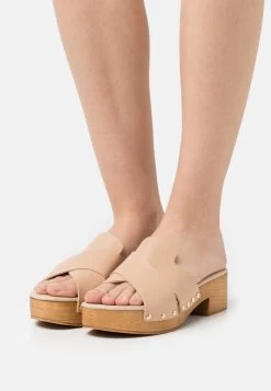 Women's Anna Field LEATHER Block Heel Platform Slip On Slippers Beige | XDNYCWV-17